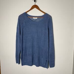 Womens White + Warren Linen Crewneck Sweater Blue Size L EUC!